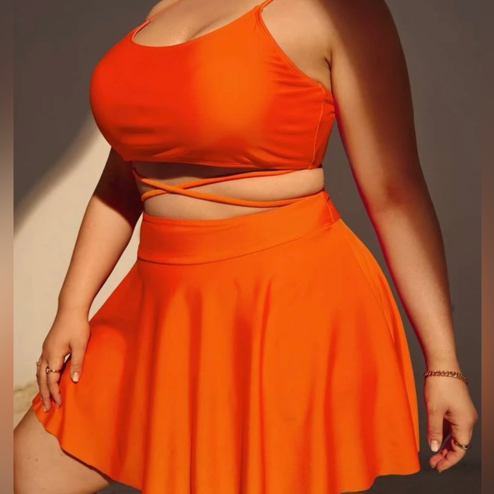 SHEIN 3-Piece Orange Crisscross Tie Back High Waist Bikini Swimsuit